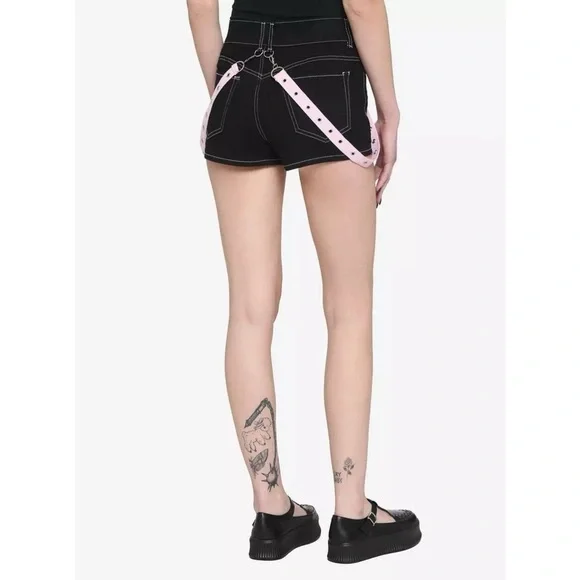Hot Topic Black & Pink Suspender Shorts - Picture 2 of 8